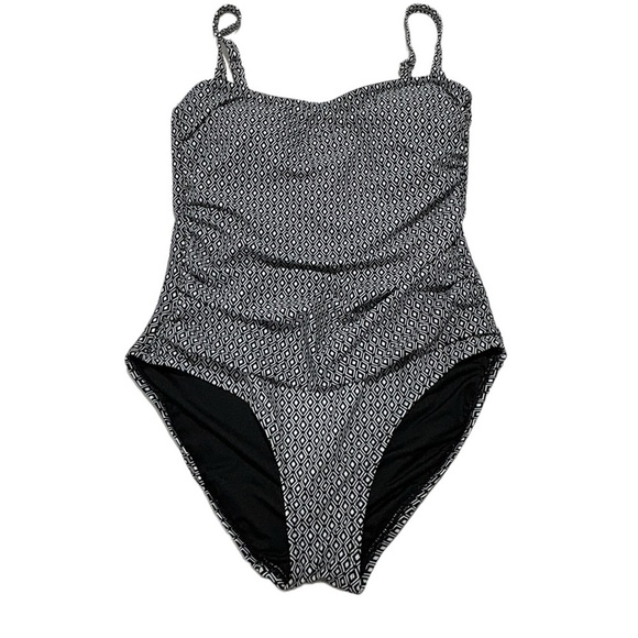 DKNY Bandeau Maillot One Piece Swimsuit Black & White Geometric Print size large - Picture 3 of 15